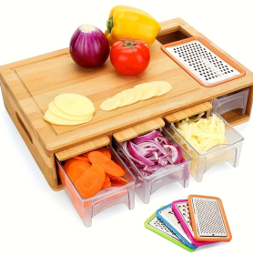 Bamboo Cutting Board With Drawer, Including 4 Vegetable Cutters, 4 Trays With Lids, Container And Vegetable Peeler Set, Cutting Board, Kitchen Bamboo