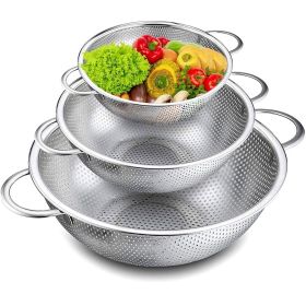 Colander Set of 3, Stainless Steel Micro-Perforated Colanders Strainers for Draining Rinsing Washing, Ideal for Pasta Vegetables Fruits
