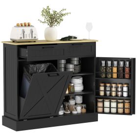 HOMCOM 10 Gallon Farmhouse Kitchen Cabinet with Hidden Trash Can and 2 Drawers, Tilt Out Trash Can Cabinet for Kitchen, Black