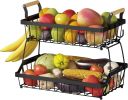 2 Tier Fruit Basket Bowl Farmhouse with Side Hooks for Kitchen Countertop